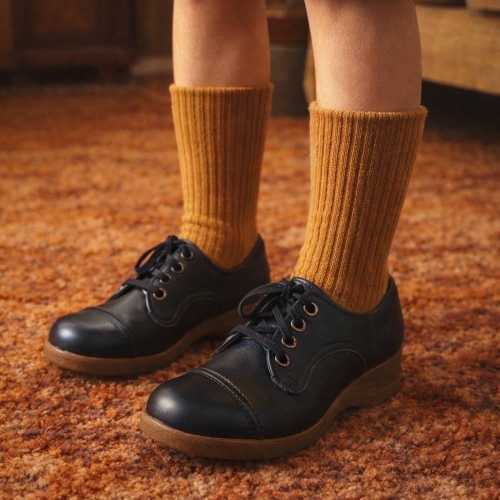 Vintage 1970s Dominque Childrens Shoes Sz 6 Youth Blue Leather Wedge Loafer